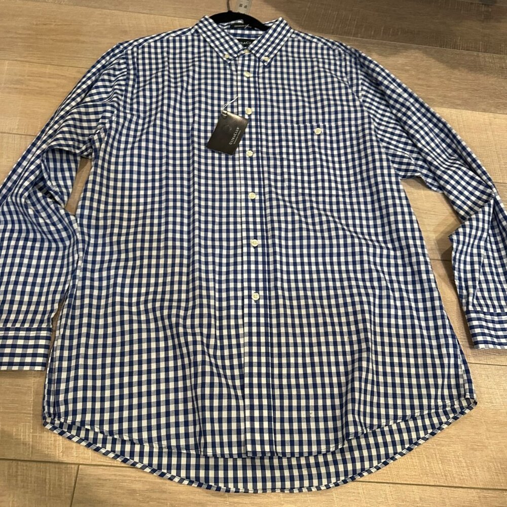 ULTRA CLUB MENS GINGHAM CHECK BLUE WHITE LARGE LONG SLEEVE BUTTON SHIRT NEW